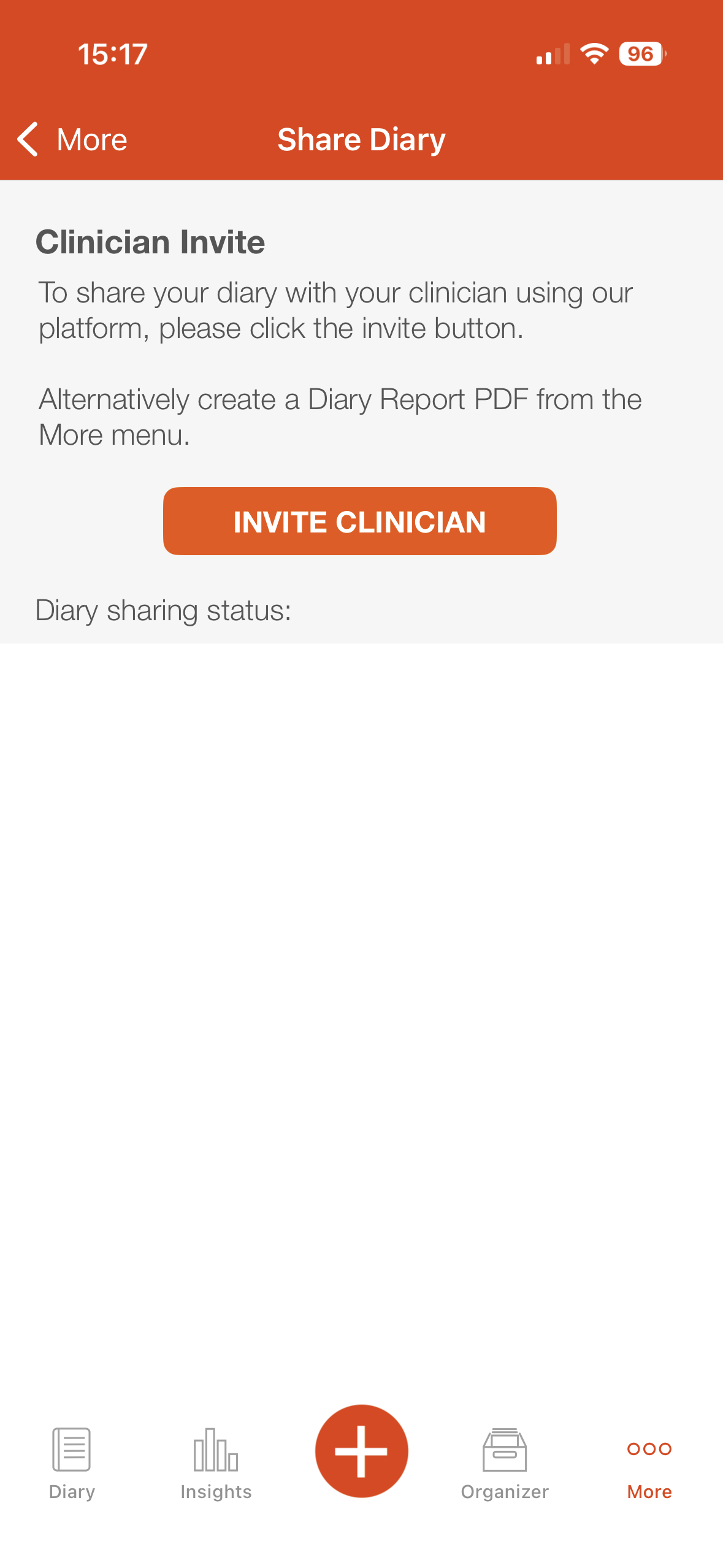 The Share Diary screen with an option to invite a clinician or create a PDF diary report.