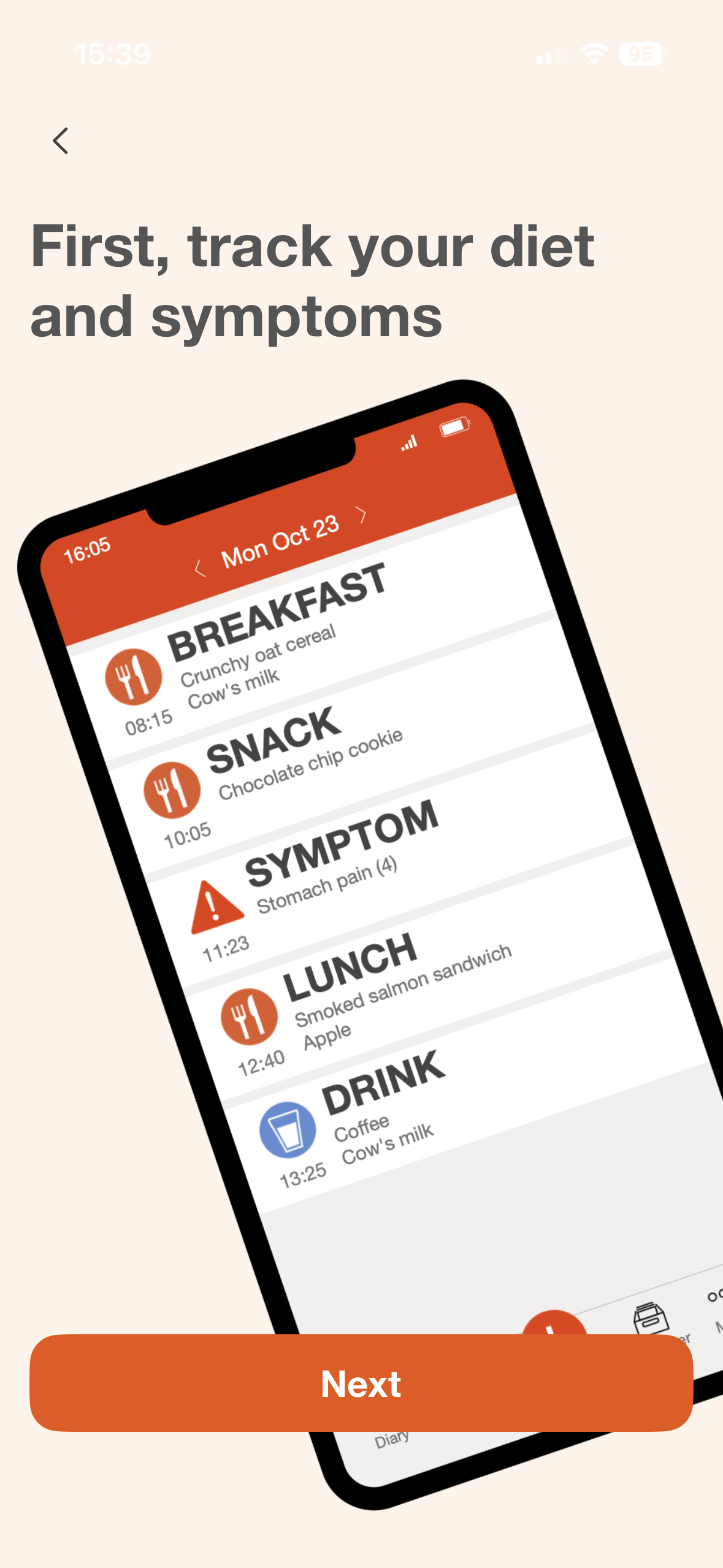 The diary screen: a single day logged with breakfast, snack, a stomach-pain symptom, lunch and a drink.